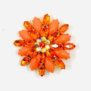 Juliana Vintage Gold Tone Orange Flower Daisy Brooch W/ Aurora Rhinestones 1.75”